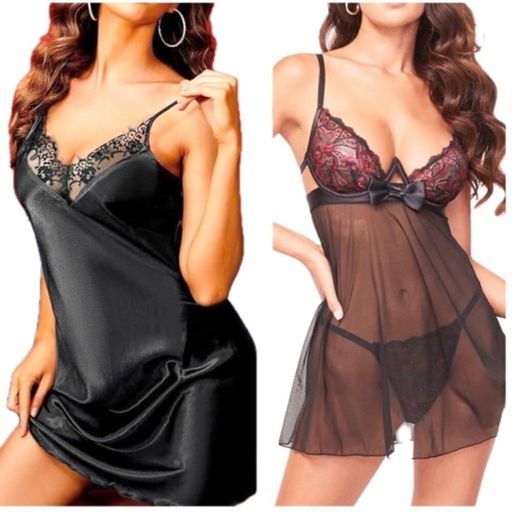 Bundle of Two Yandy Lingerie Sets - Red Lace Babydoll & Black Satin Chemise L/XL